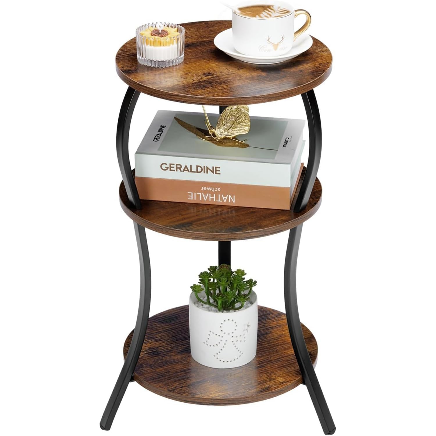 Vintage Small Round Side Table, 3-Tier Slim Waist Circular End Table with Sto...