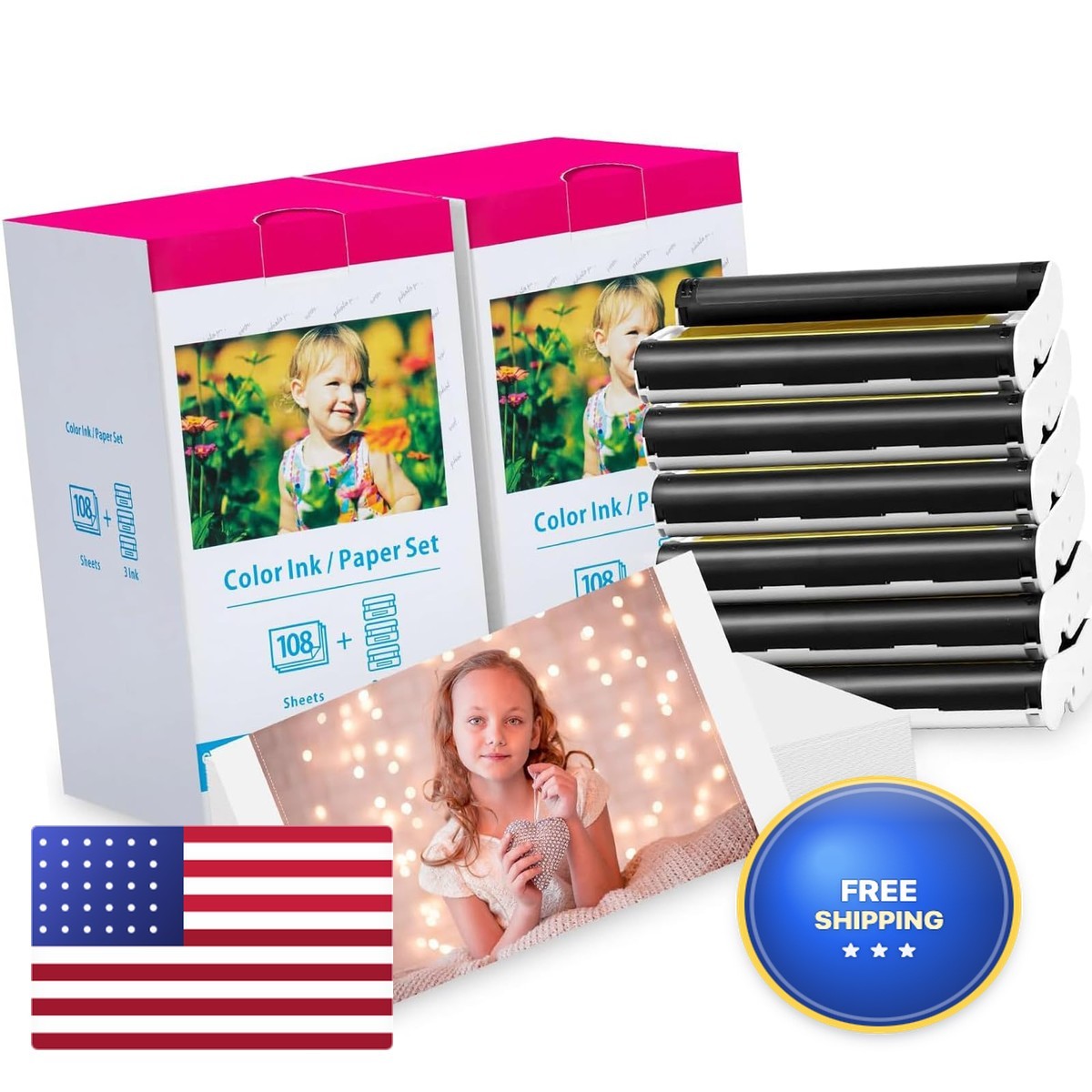 Compatible with Selphy CP1300 CP1500 KP-108IN Color Ink and Paper Set 2Pack