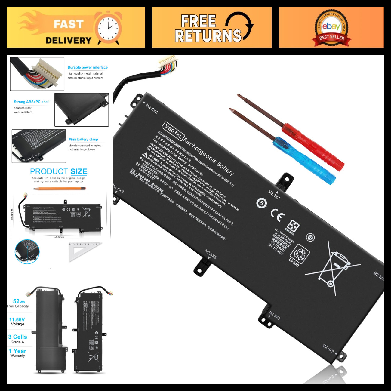 52Wh 11.55V Laptop Battery Replacement for HP Envy 15t Series - High Capacity, R