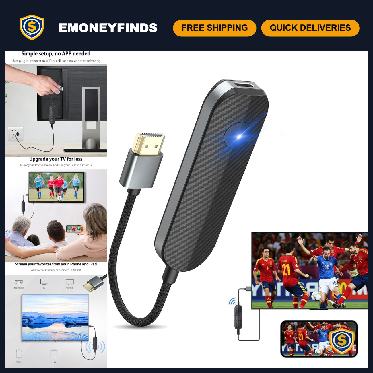 Wireless HDMI Display Adapter for iPhone - Screen Mirroring to TV/Monitor/Projec