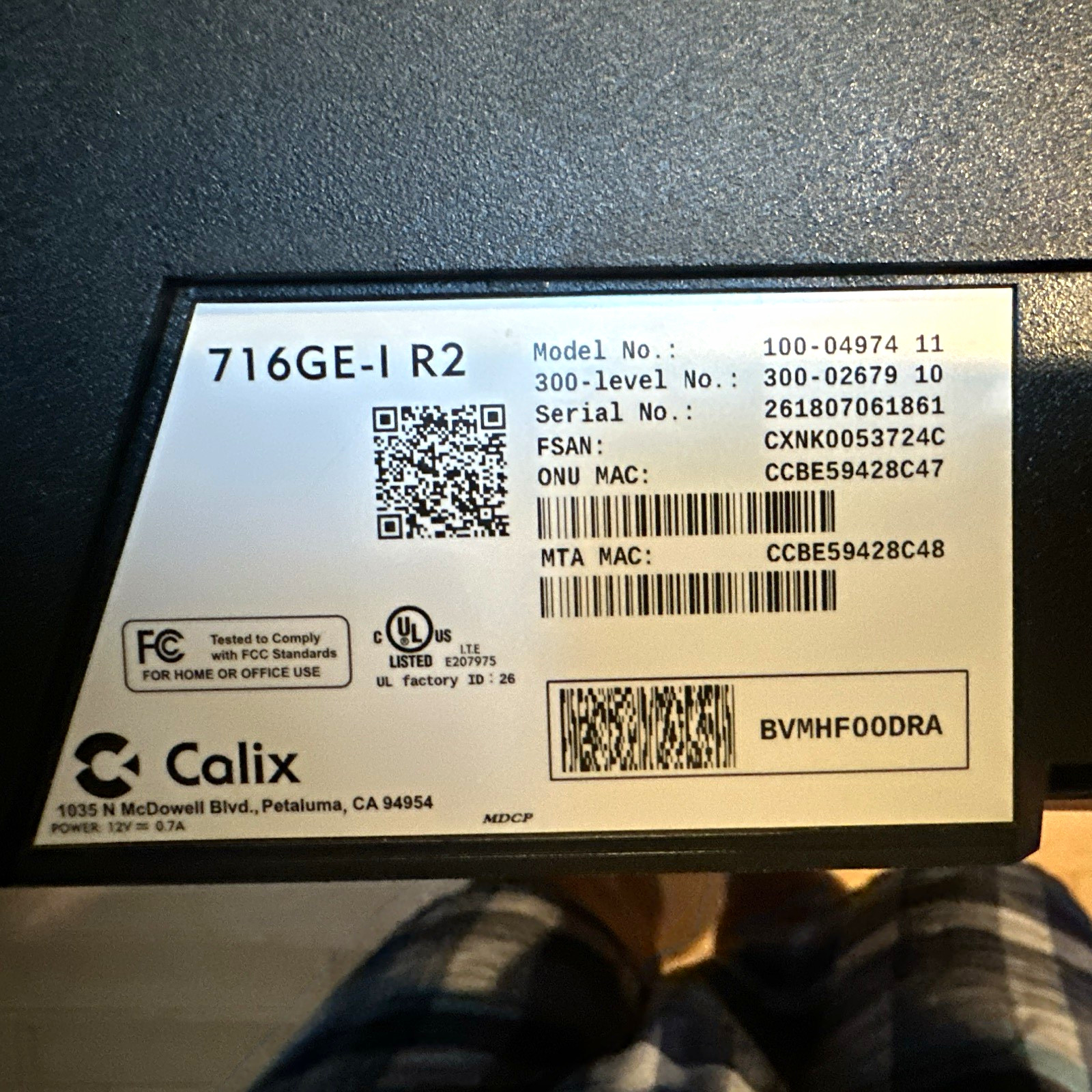 Calix 716GE-I R2 Broadband Gateway Router, 4-Port Ethernet RJ45/RJ11, PSU. 