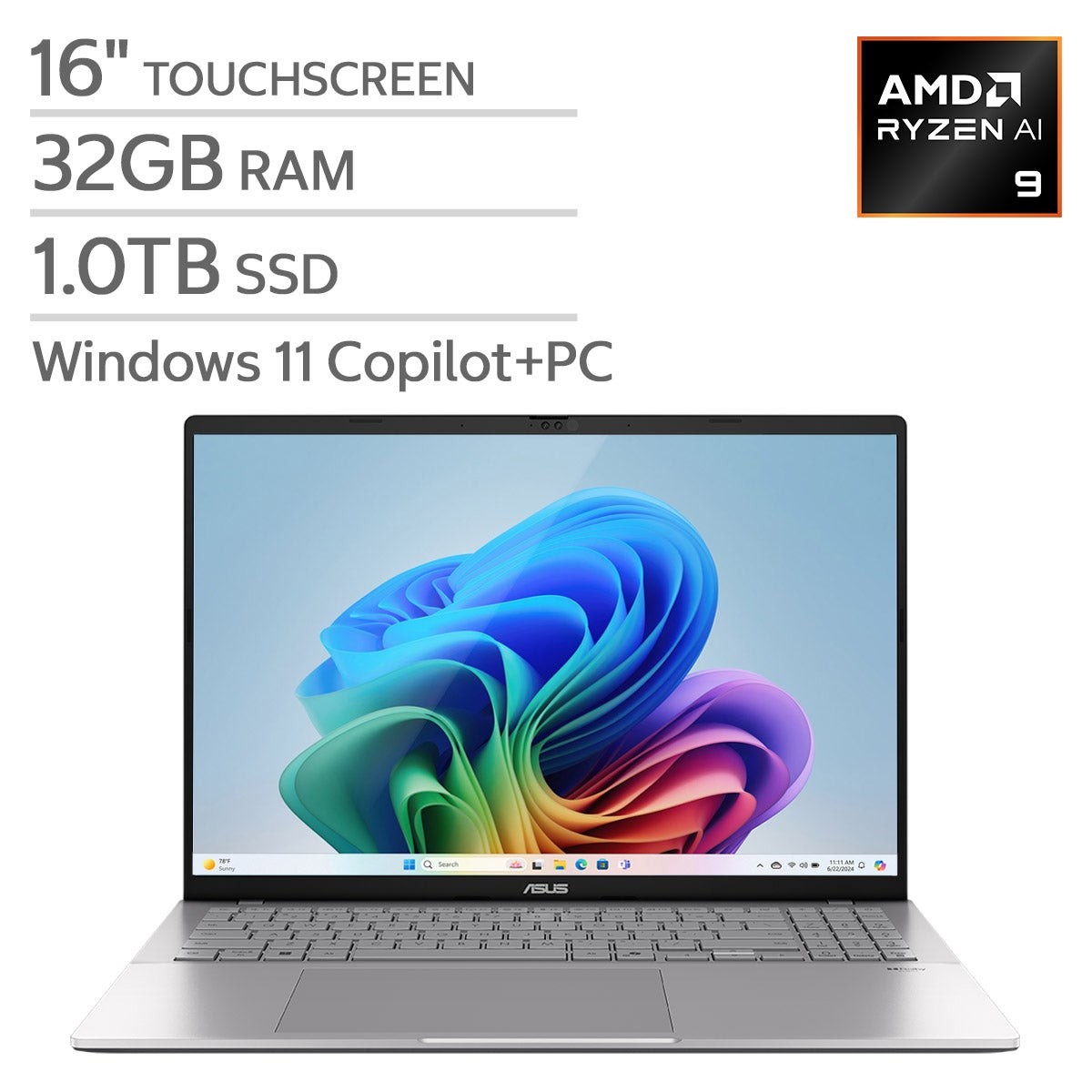ASUS VivoBook S16 - 16" Touch Copilot+, Ryzen AI 9, 32GB RAM, 1TB SSD, W11H