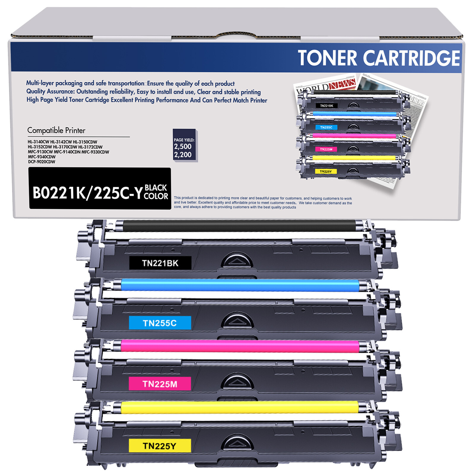 4x TN221 TN225 Toner Compatible With Brother MFC-9130CW DCP-9020CDW HL-3140CW