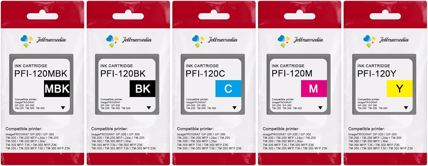 Jettruemedia 5-Pack PFI120 Pigment Ink Tank 130ML High Yield Compatible w/ Canon