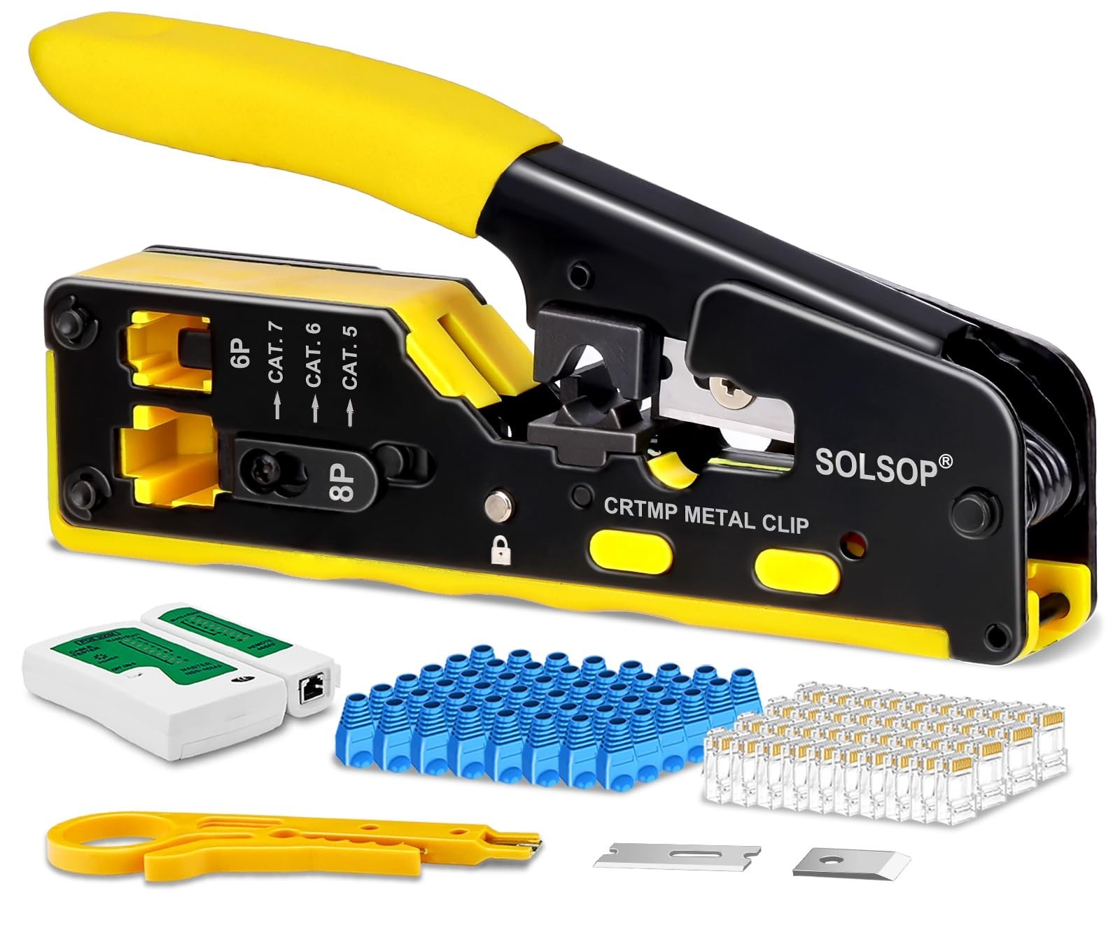All-in-One Ethernet Crimp Tool Kit, Pass-Through RJ45 Connector Crimper, Network