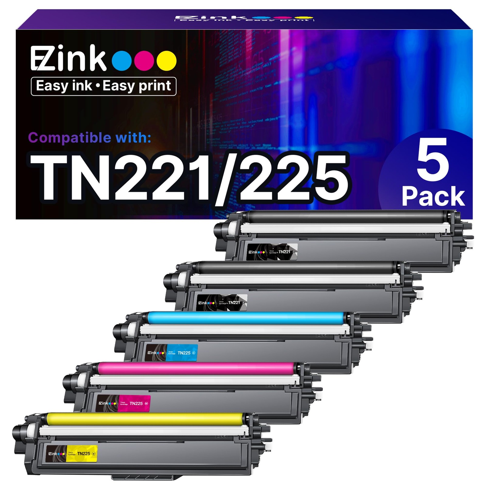 E Z Ink Tn221 Tn225 Toner Cartridges 5 Pack Compatible For Brother Laser Prin...