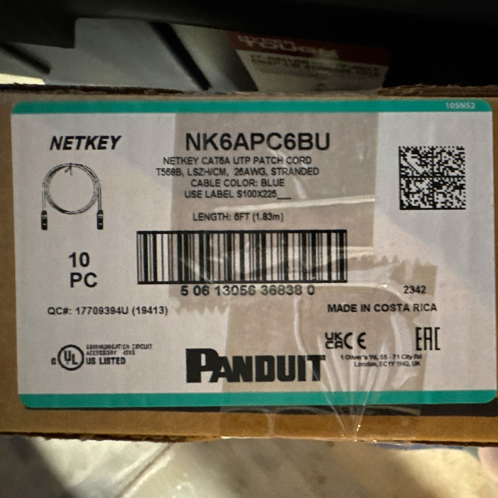 Panduit NetKey NK6APC6BU Cat6a UTP RJ-45 Ethernet Patch Cable Blue 6ft