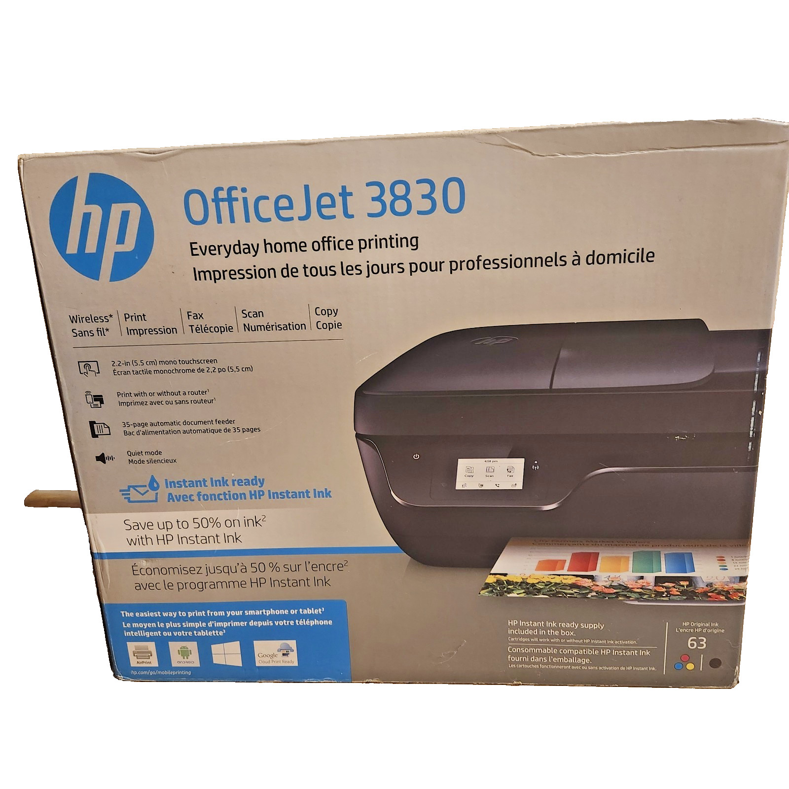 HP OfficeJet 3830 Wireless All-In-One Inkjet Printer Print Fax Scan Copy NEW