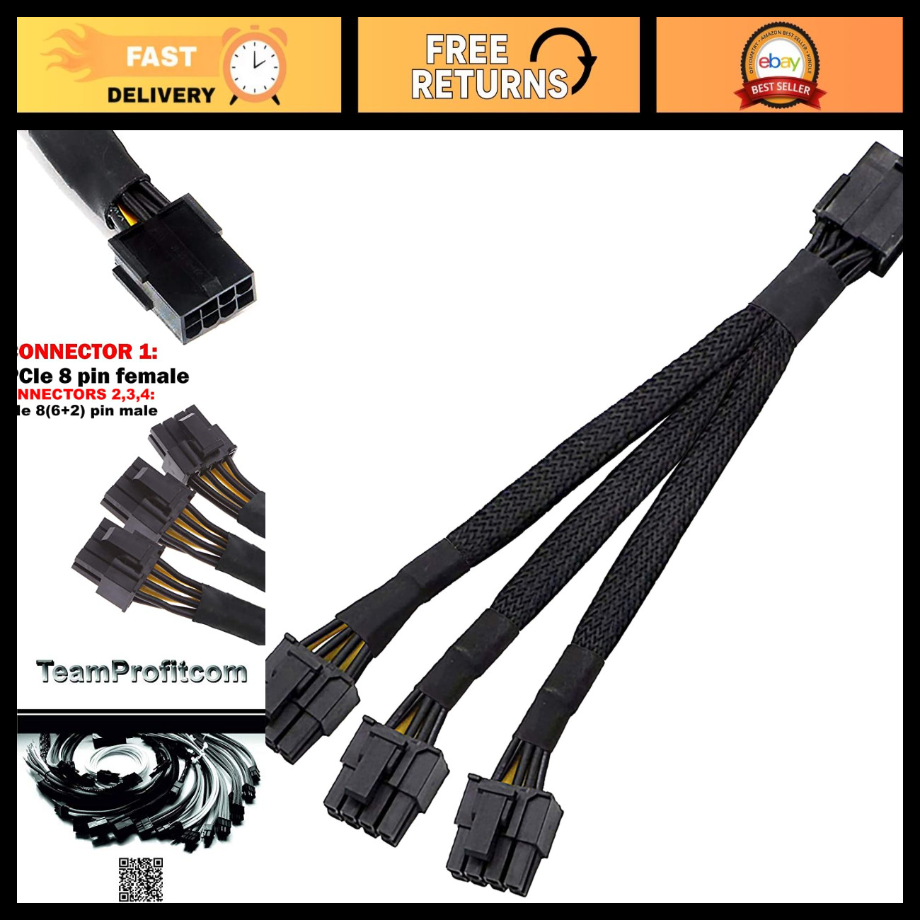 16 AWG PCI-e 8Pin Splitter Cable 3X GPU 8(6+2) Pin Male Power Cable 12" Sleeve