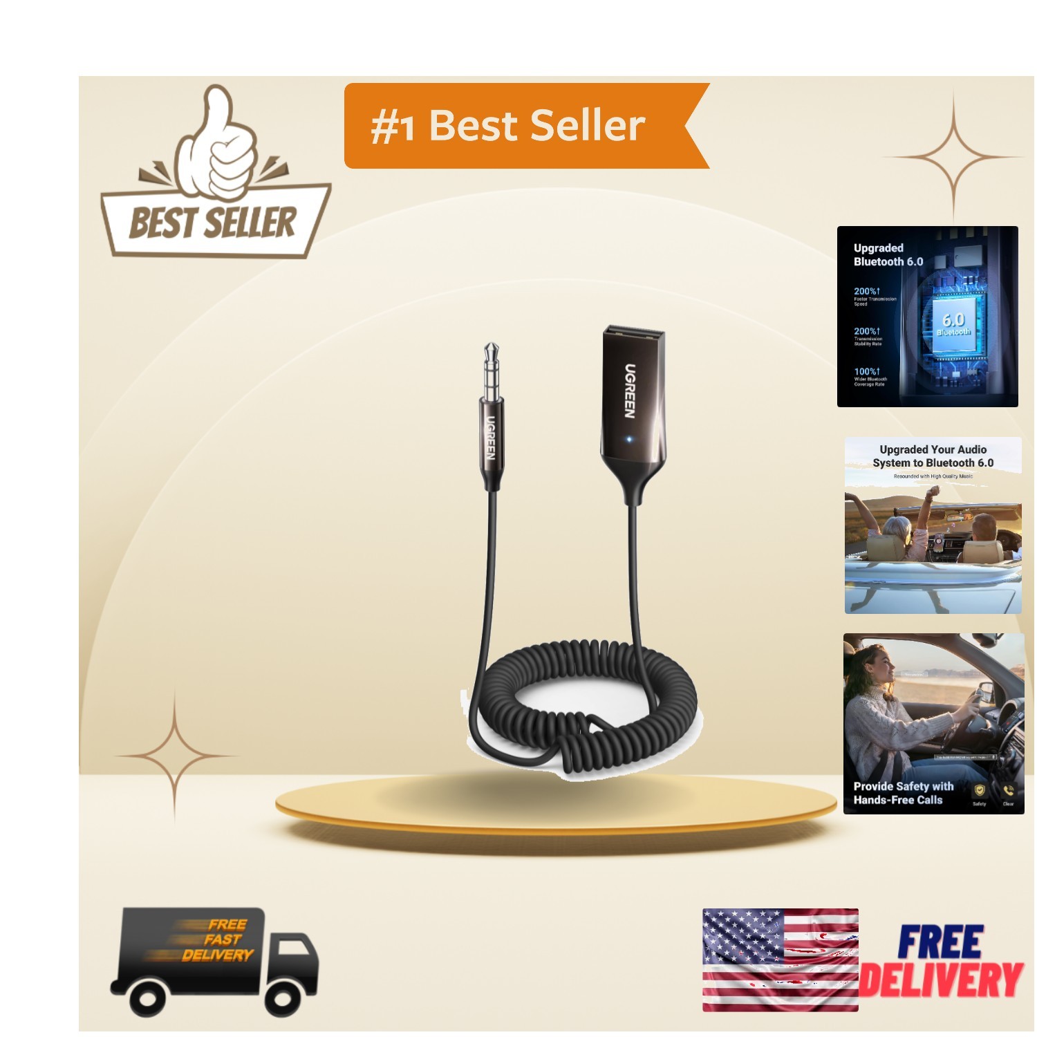 Compact Bluetooth 6.0 Aux Receiver - Plug-and-Play for Cars and Home Audio