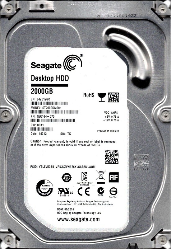 ST2000DM001 P/N: 1ER164-570 F/W: CC41 TK Z4Z Seagate 2TB