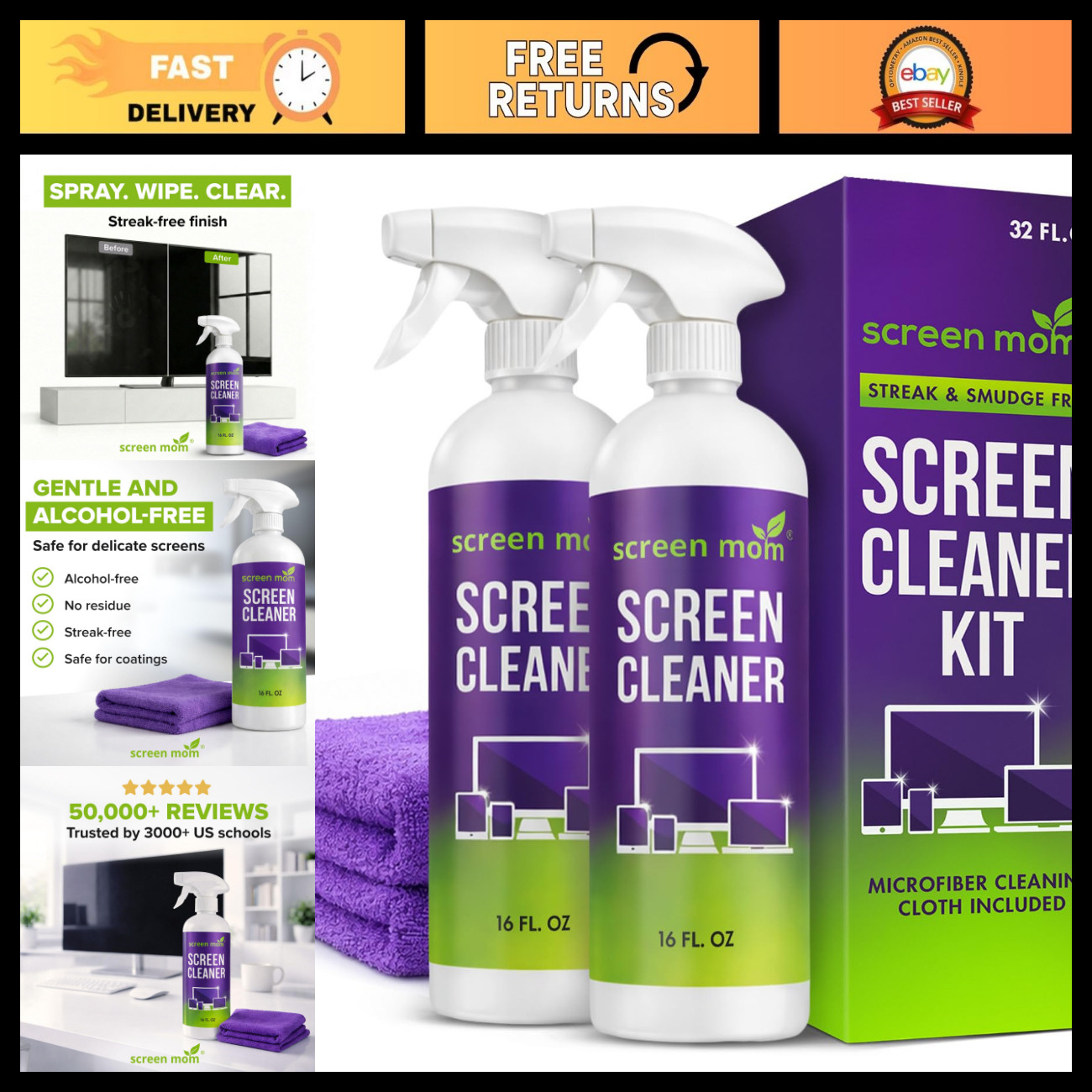 2 Pack Screen Cleaner Spray 16oz - Perfect for TV, Car, Laptop & Computer Screen