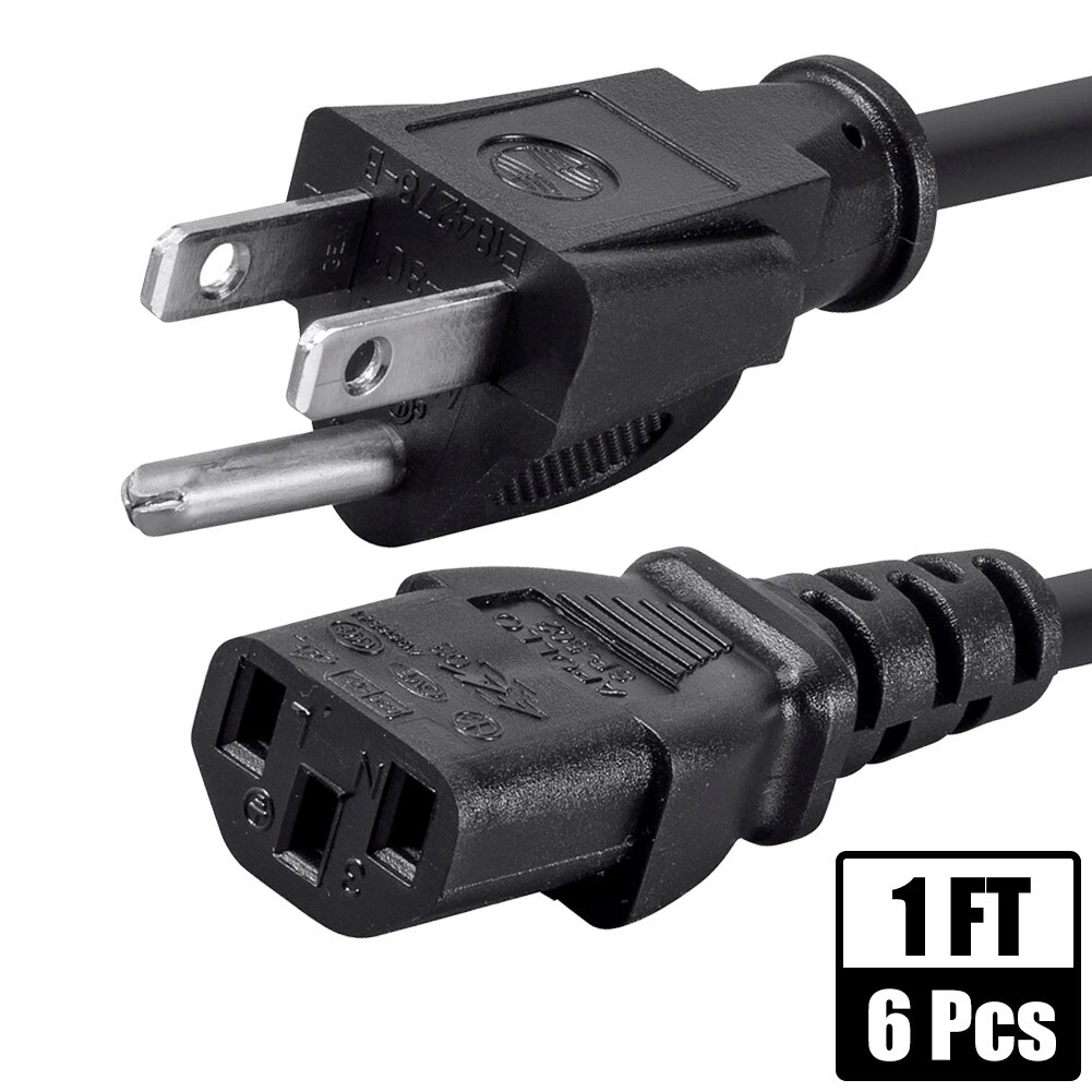 6x 1FT NEMA 5-15P to IEC320 C13 PC Power Cord Cable 3-Prong US AC 10A 125V 18AWG