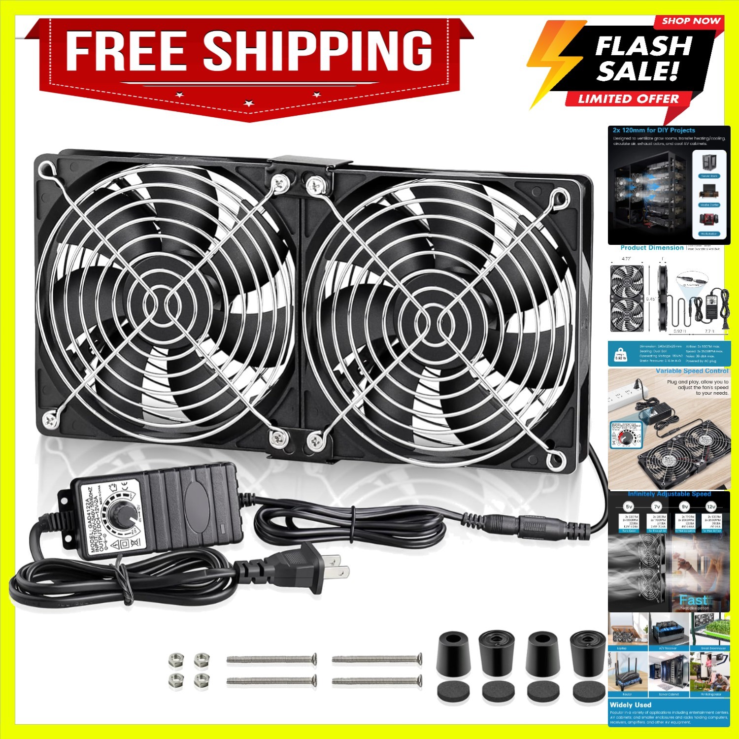 Dual 120mm AC Powered Fan with Variable Speed Controller 110V 120V | 2x120mm ...