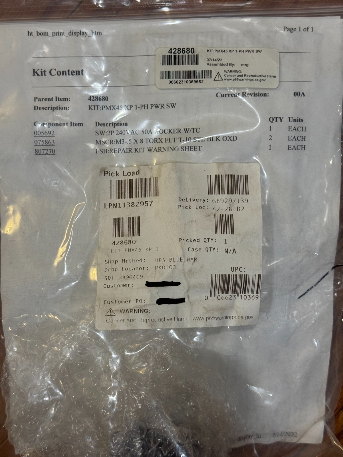 Hypertherm 428680 Kit, POWERMAX 45 Xp 1-Ph Power Switch 