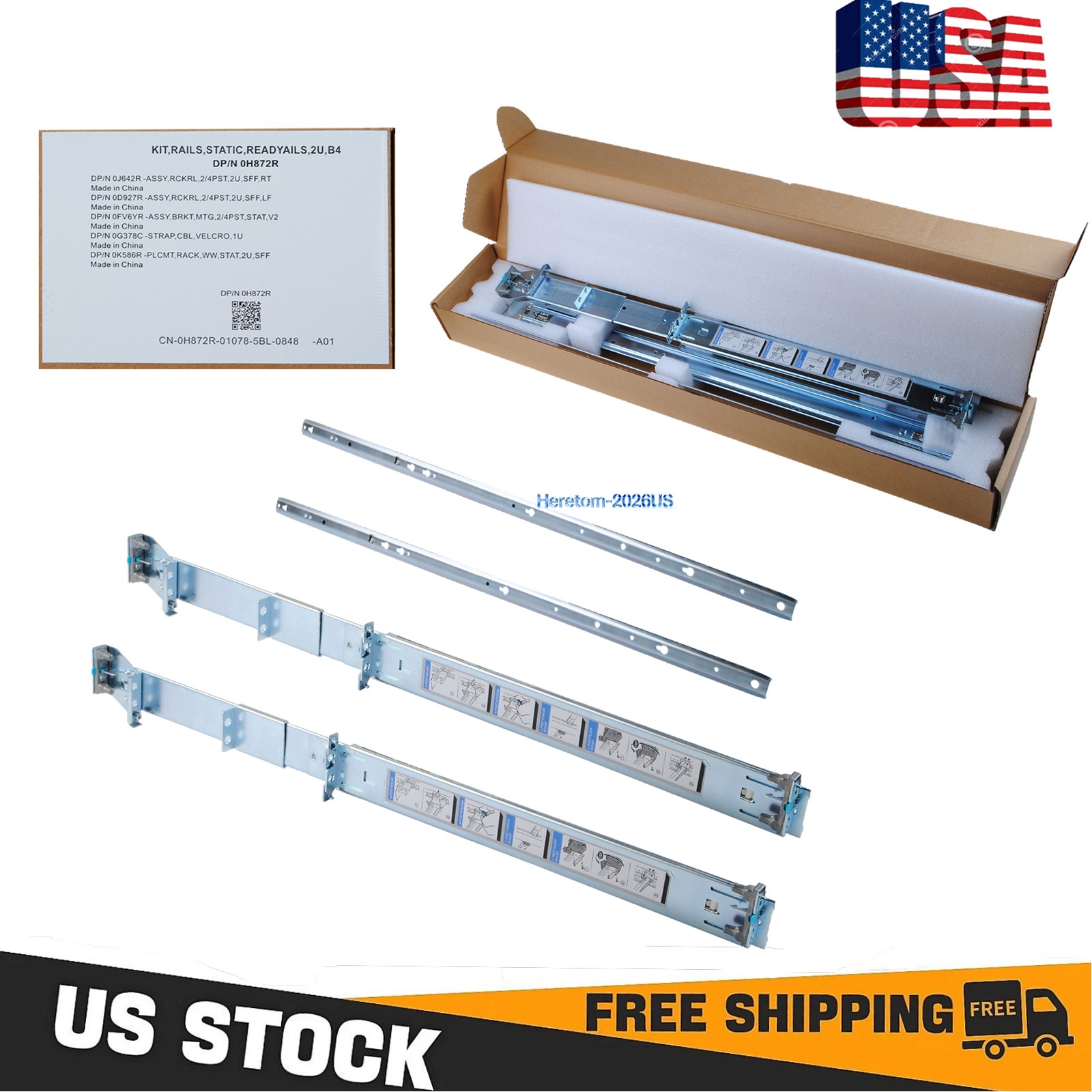 2U Static Rails for Dell R510 R520 R530 R540 R720 R730 R740 R820 R6525 R7525