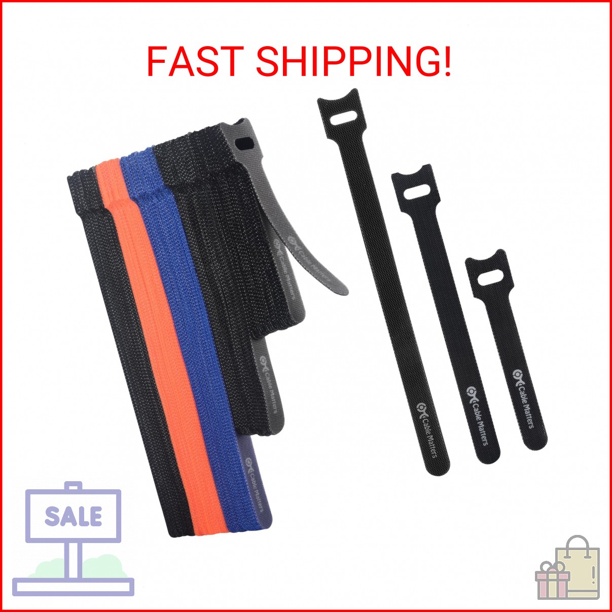 Cable Matters 100-Pack Hook-and-Loop Reusable Cable Ties, Sizes 4", 6", 8" with