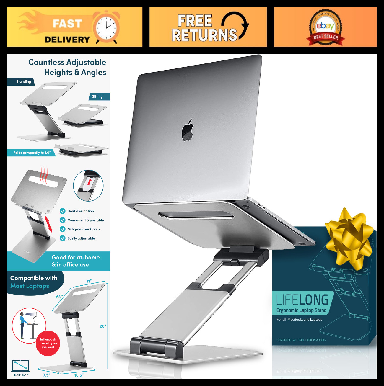 Ergonomic Adjustable Laptop Stand for Desk, Premium Aluminum, 11-17" Laptops, Si