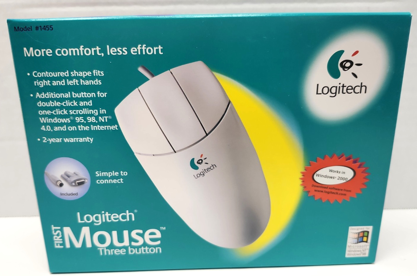 Vintage New - Logitech First Mouse 3-Button PS/2 -with Serial Port Adaptor #1455