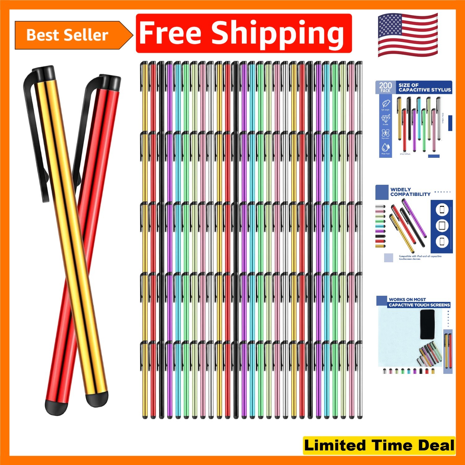Durable 200 Pack Stylus Pens - Universal Fine Point Touchscreen Pens, 10 Colors