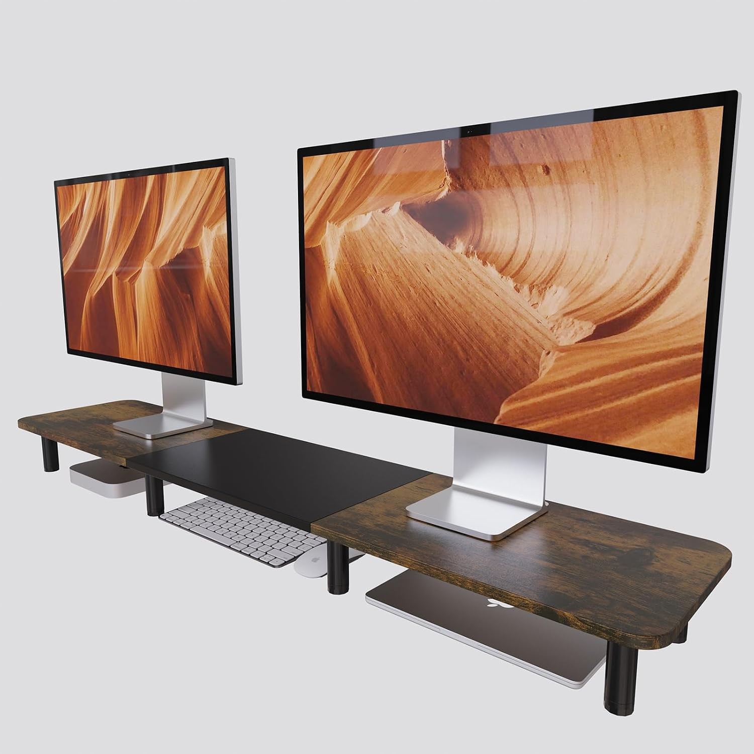 43.7" Extra Long Dual Monitor Stand Riser, Wood & Steel Monitor Stand for 2