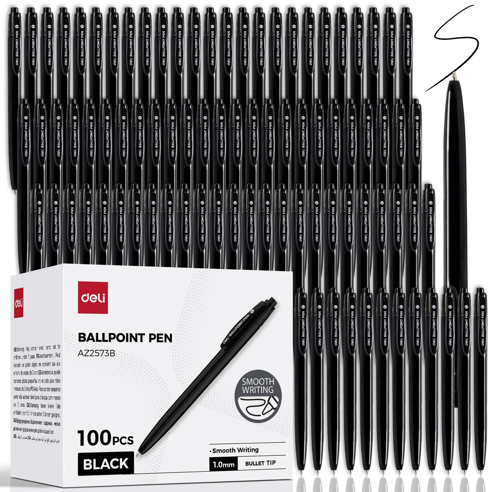 Retractable Ballpoint Pens 100 Pcs 1.0MM Black Ink Deli AZ2573B Bulk