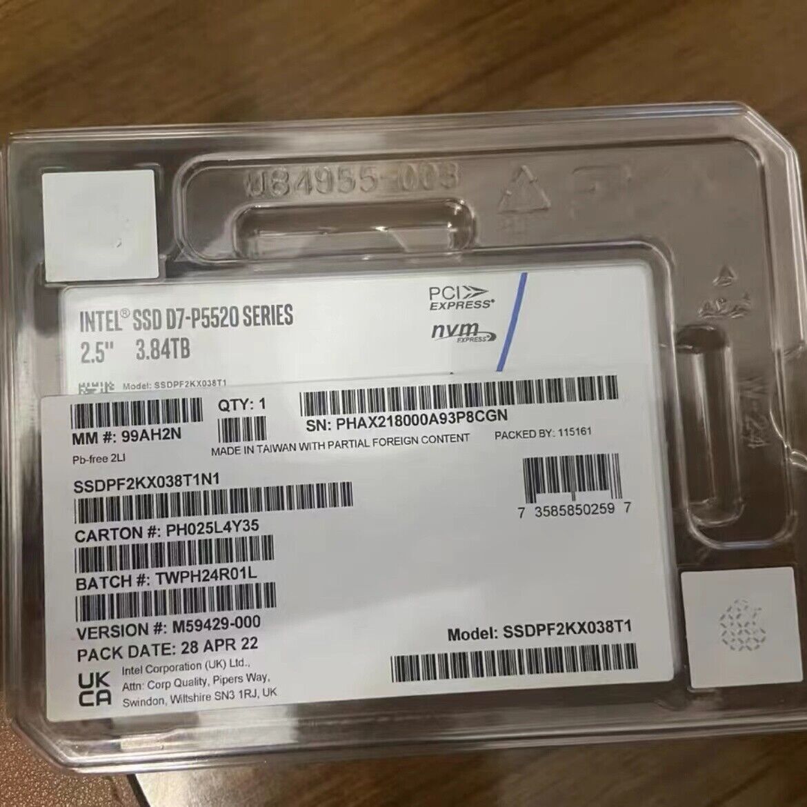 Intel 3.84TB D7-P5520 SSD U2 SSDPF2KX038T1N1 PCIe 4.0 x4 7.0PBW P5520 SSD
