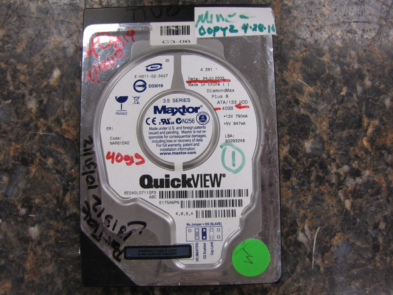 Maxtor DiamondMax Plus 8 ATA/133 IDE Hard Drive HDD 40GB WIPED & WORKING -NG23