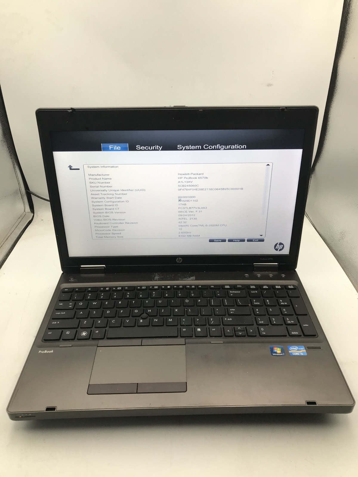 HP PROBOOK 6570B - BOOTS TO BIOS - INTEL I5 3320M - NO RAM - READ DESCRIP - BB
