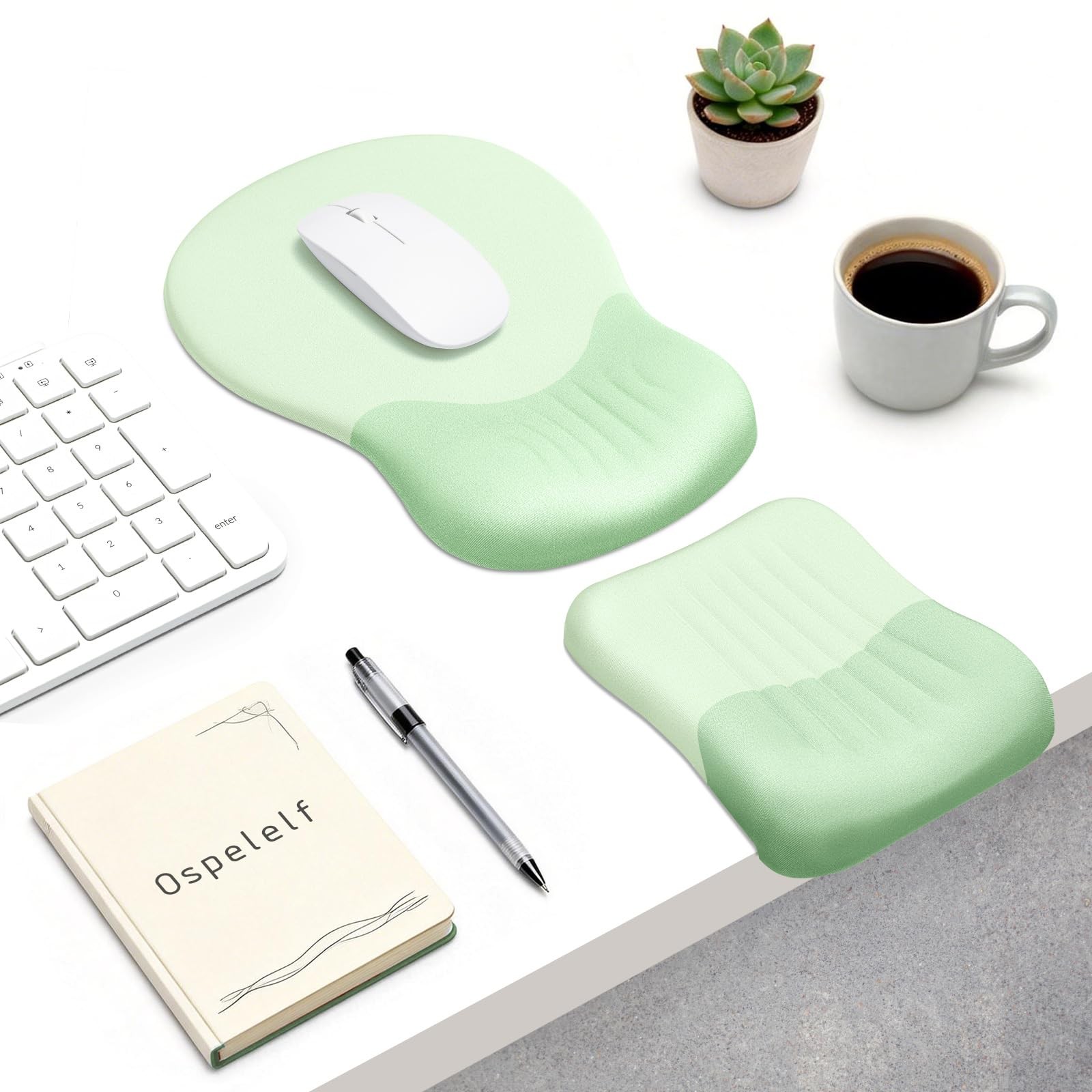 Ospelelf Mouse Pad with Wrist Rest Set Foam 17.1 x 2.9 inches, Light Green
