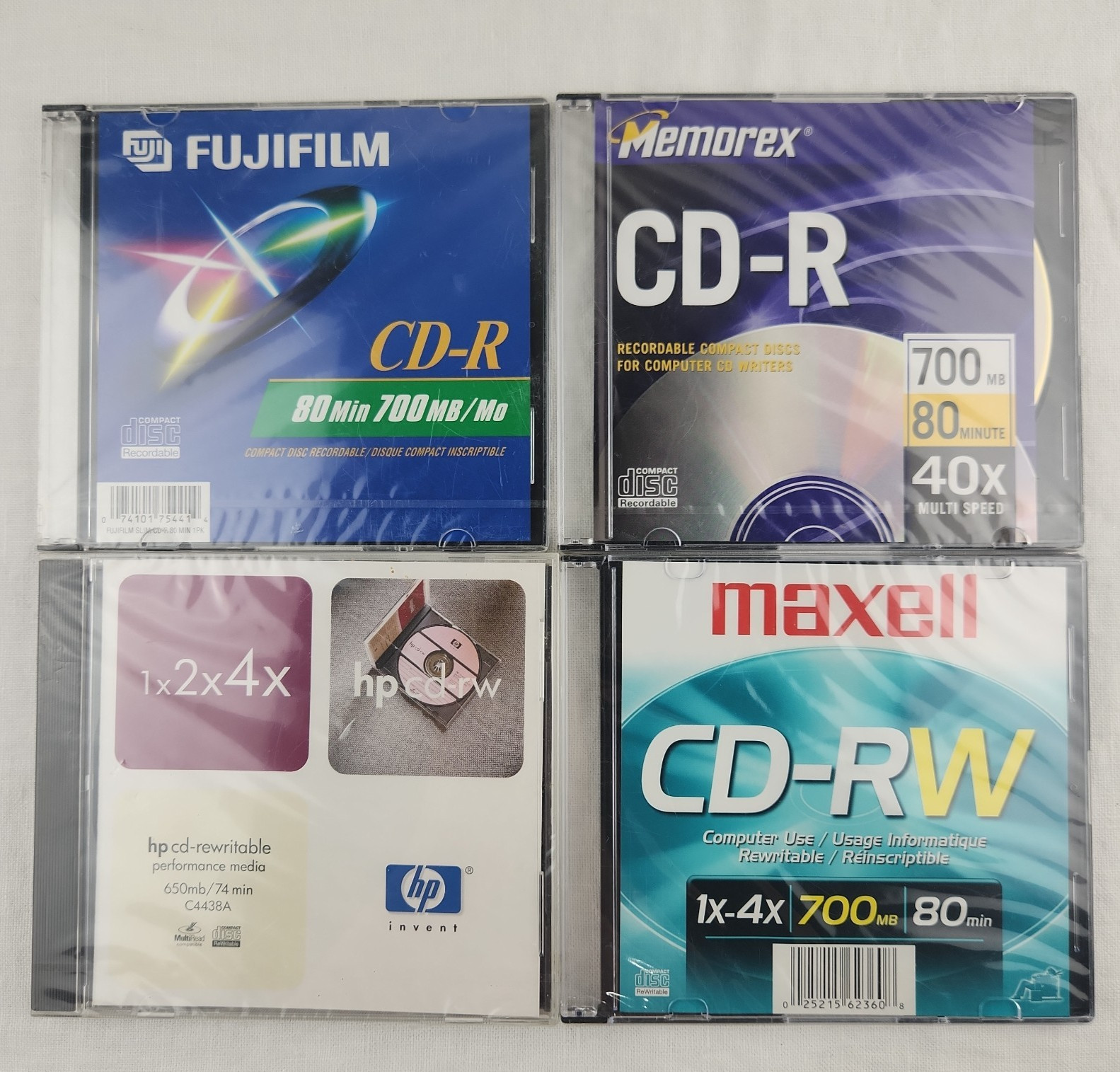 Lot 4 Sealed Blank CD-R & CD-RW Maxell Fujifilm Memorex 80m 700mb HP 74m 650mb
