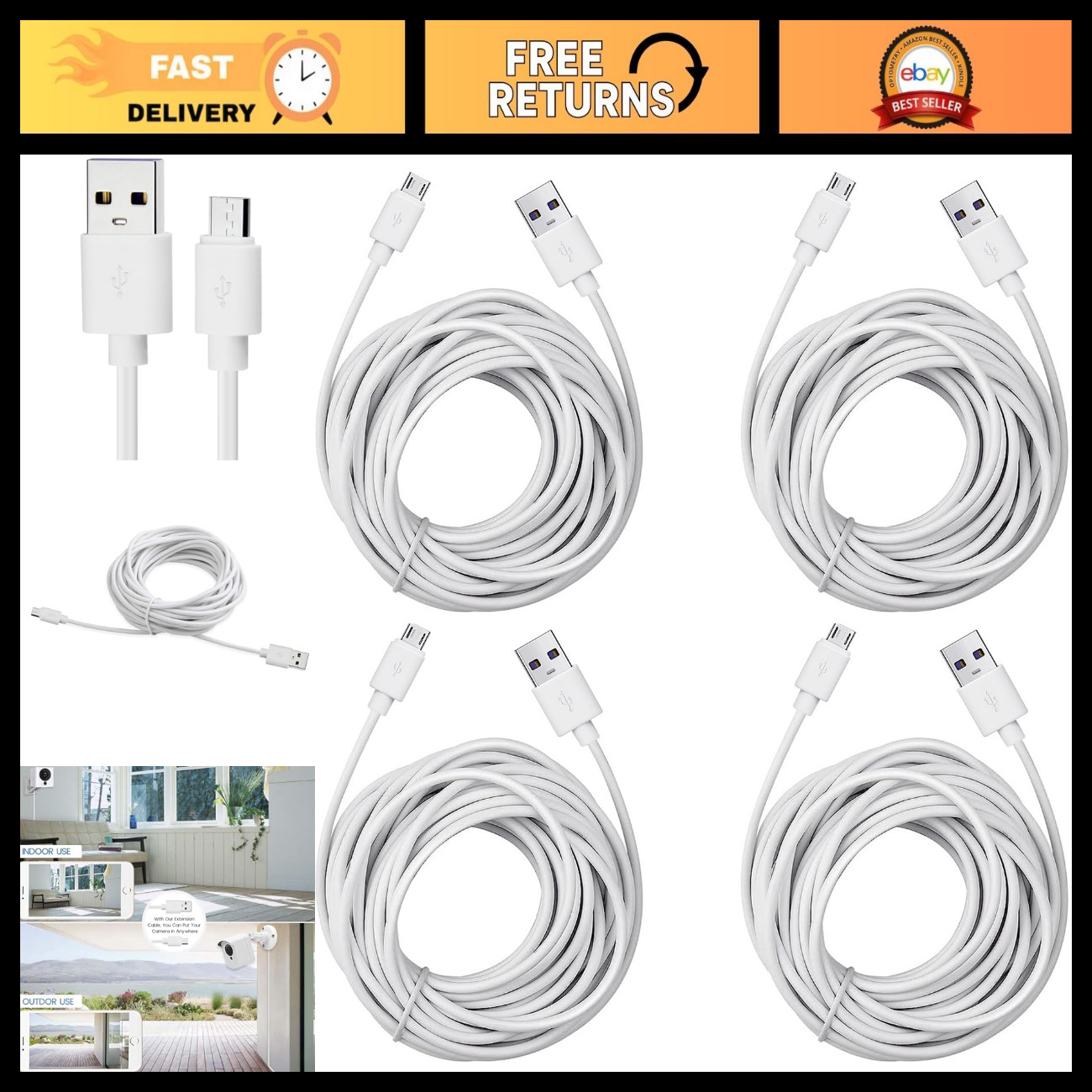25ft Micro USB Extension Cable 4-Pack for WYZE Cam, Nest Cam, Security Cameras
