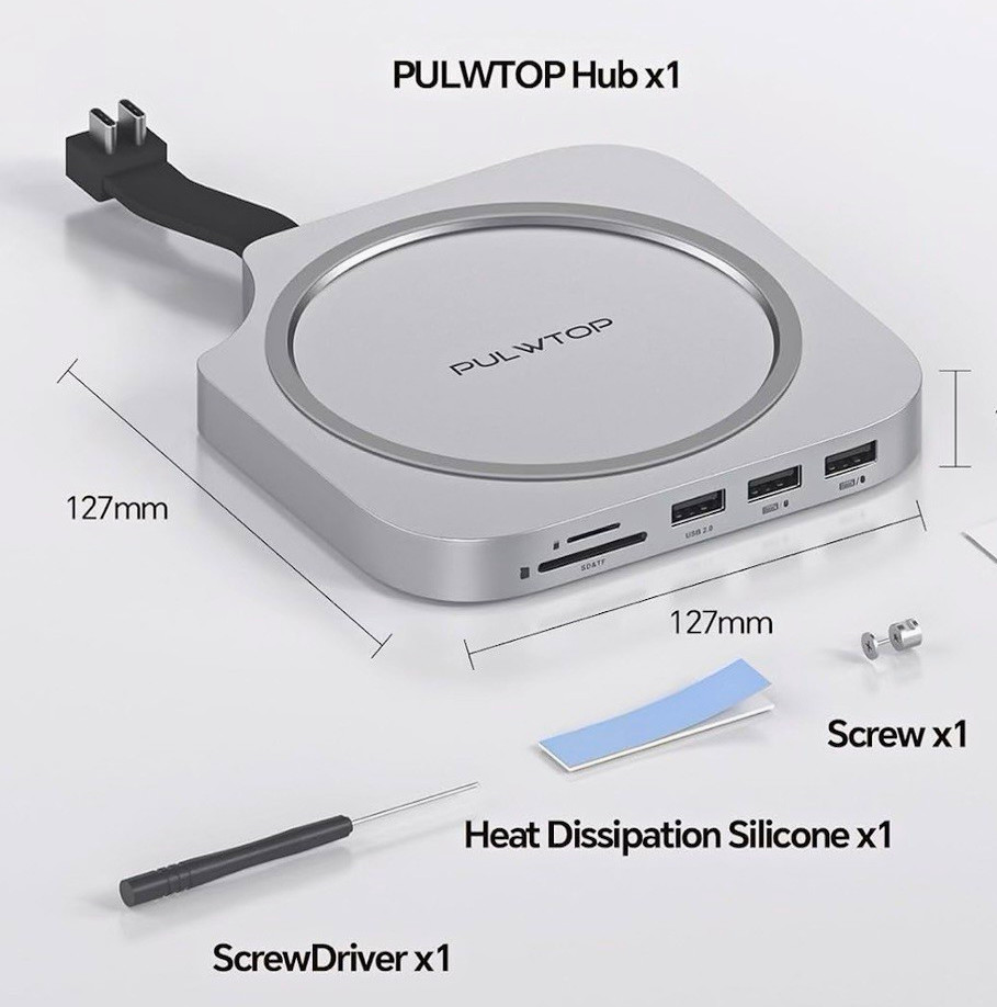 PULWTOP Mac Mini M4 Dock USB-C HDMI DP M.2 NVMe Enclosure Card Reader