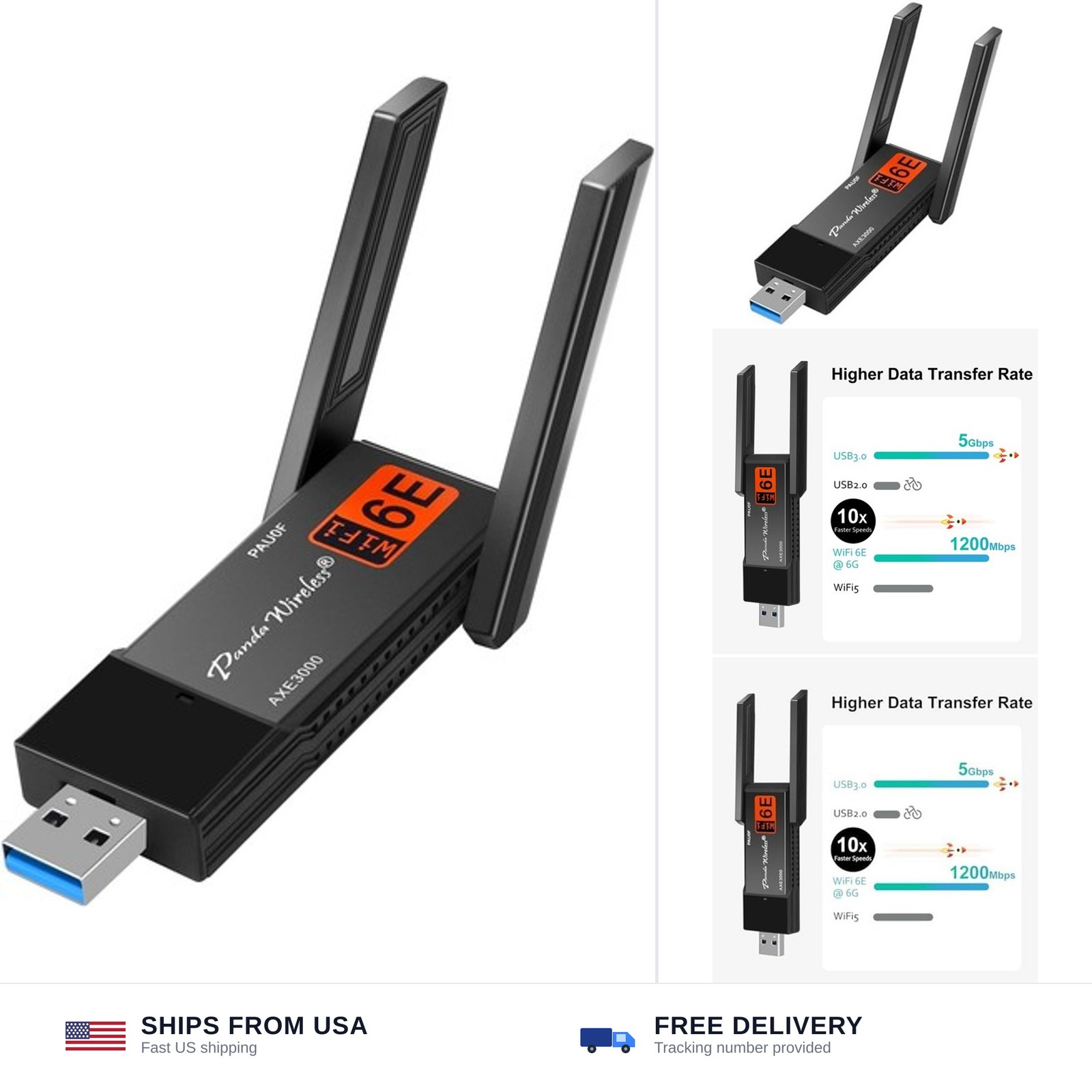 Panda Wireless PAU0F AXE3000 Tri Band (2.4/5 / 6 GHz) WiFi 6E USB 3.0 Adapter...