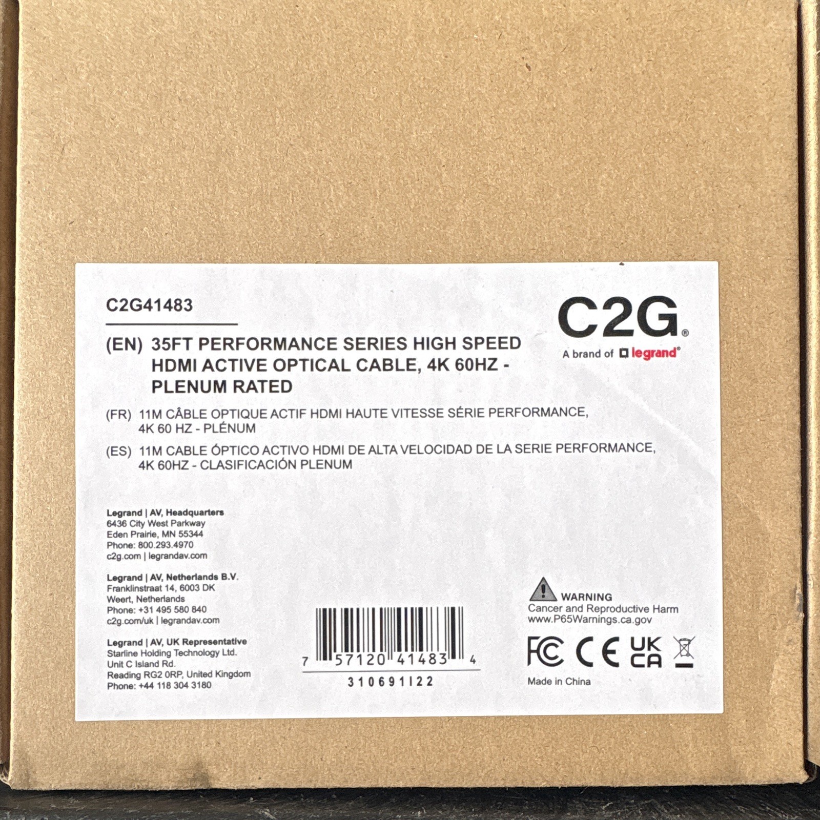 C2G High Speed HDMI Cable 35 ft PLENUM rated HDMI to HDMI 1:1 Black C2G41483