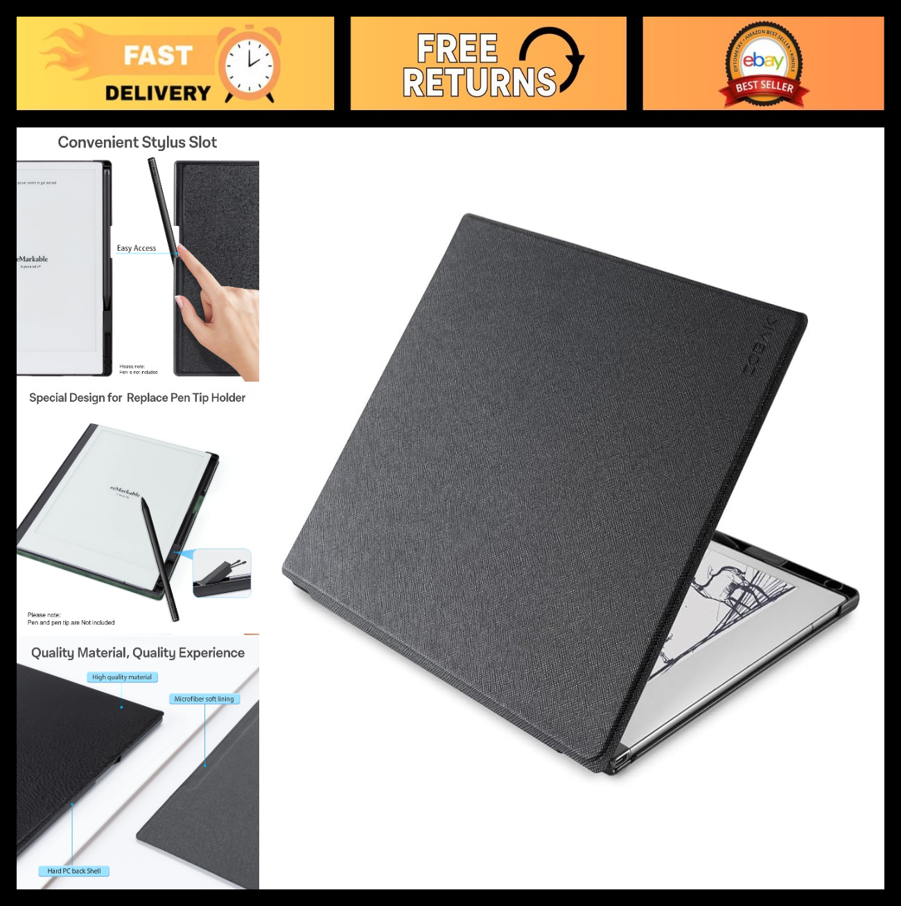 Lightweight Hard Shell Case for Remarkable 2 Tablet 10.3" - Protective Folio Cov