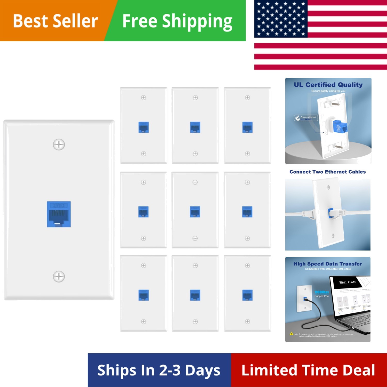 Listed Ethernet Wall Plate, Wall Plate and Jack, RJ45 Keystone Inline Coupler...