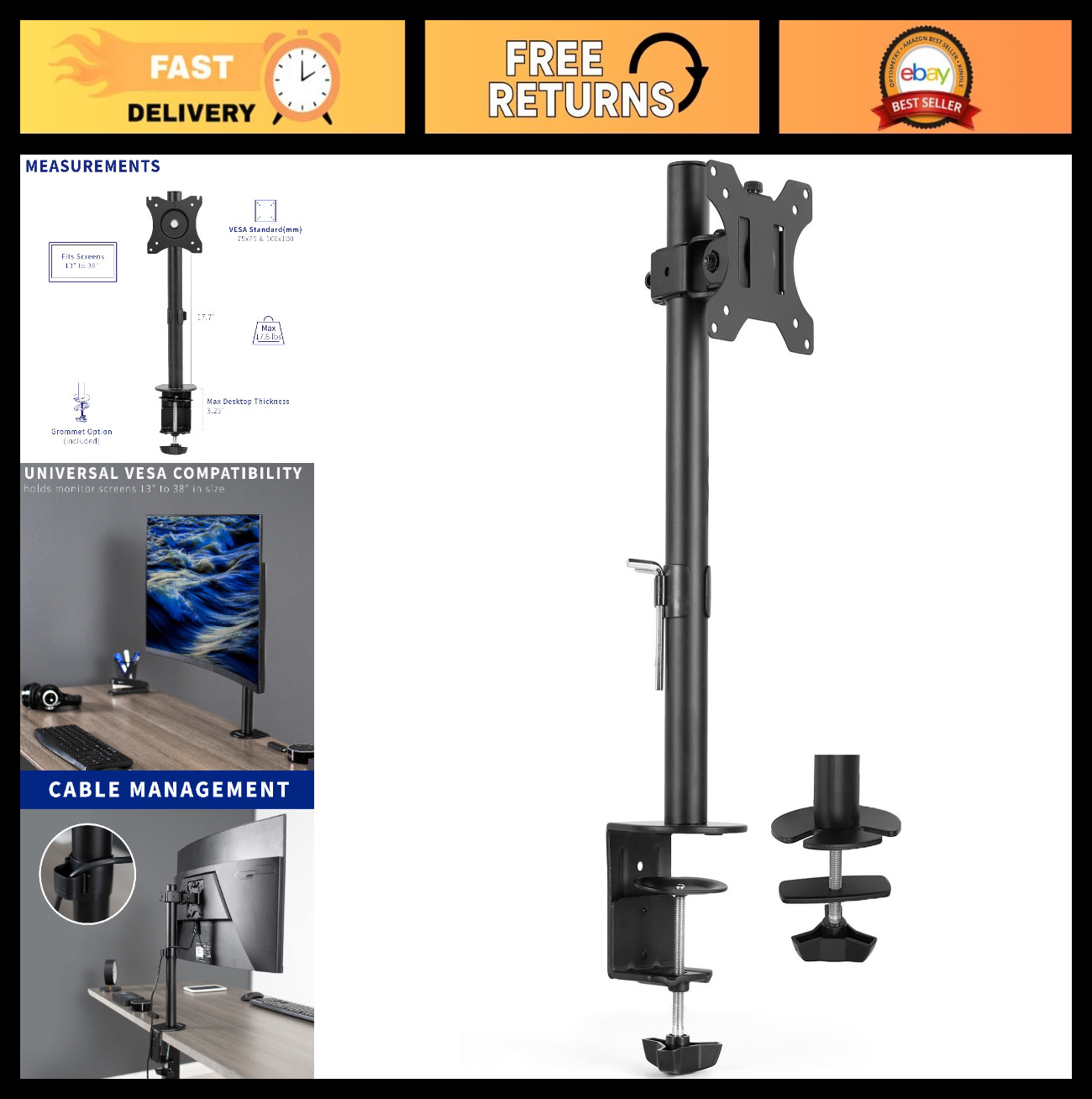 Heavy Duty LCD Monitor Desk Mount Stand, Fits 13-38" Screens, Supports Ultrawide