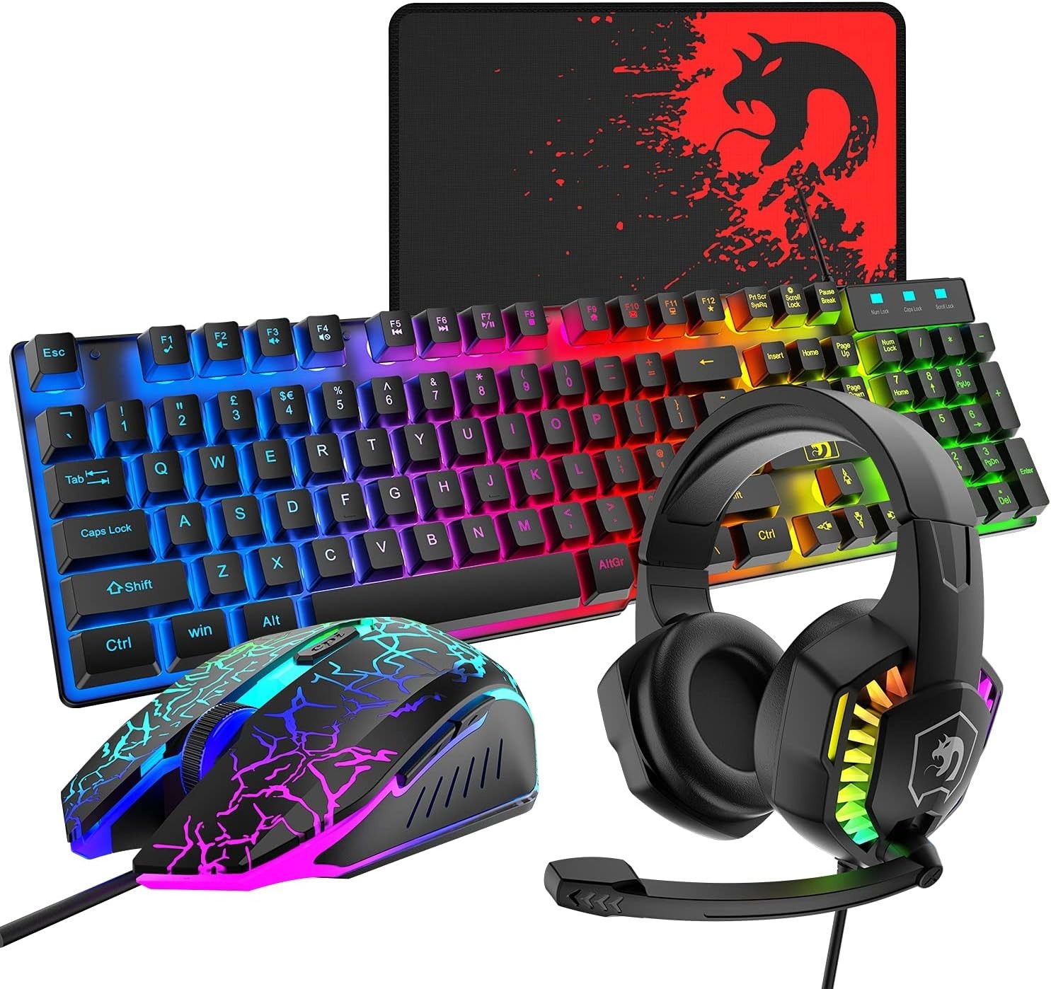 MAMBASNAKE T11 Wired Keyboard Combo, Mouse, Headphone& Pad,  Rainbow LED Backlit