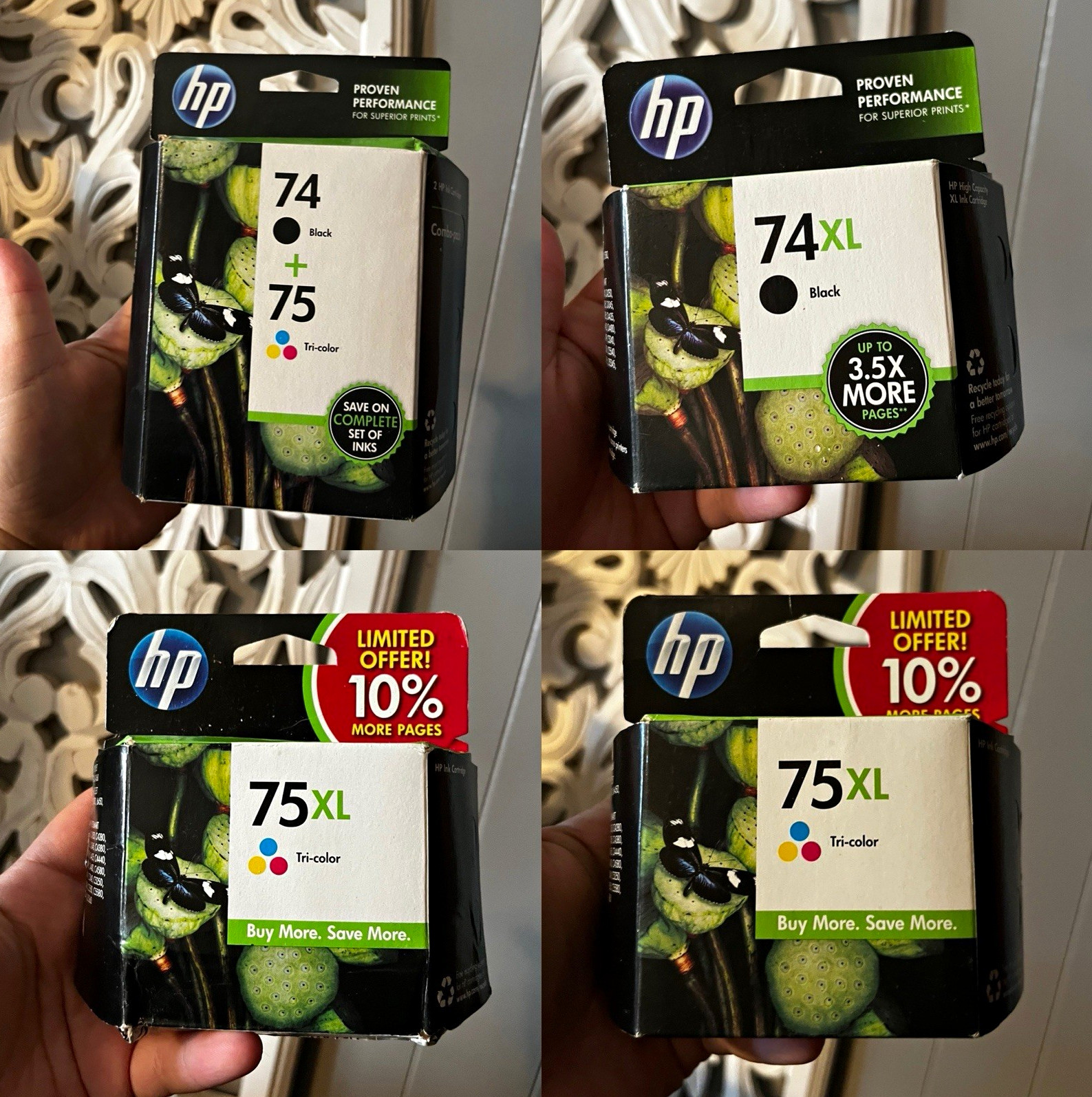 HP 74/75 & 74XL/75XL Genuine Inkjet Cartridges Combo Black Tri-Color bundle 4