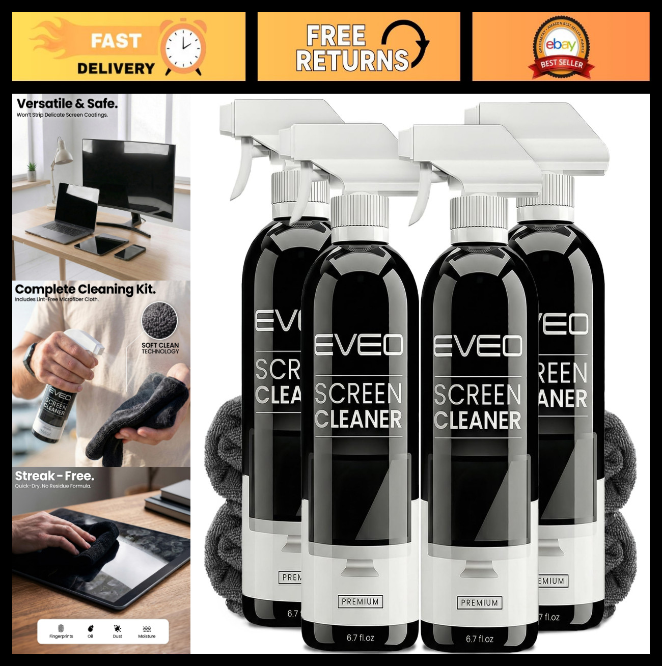 Streak-Free Screen Cleaner Spray Kit for TV, LCD, LED, OLED & Devices - 6.7oz 4