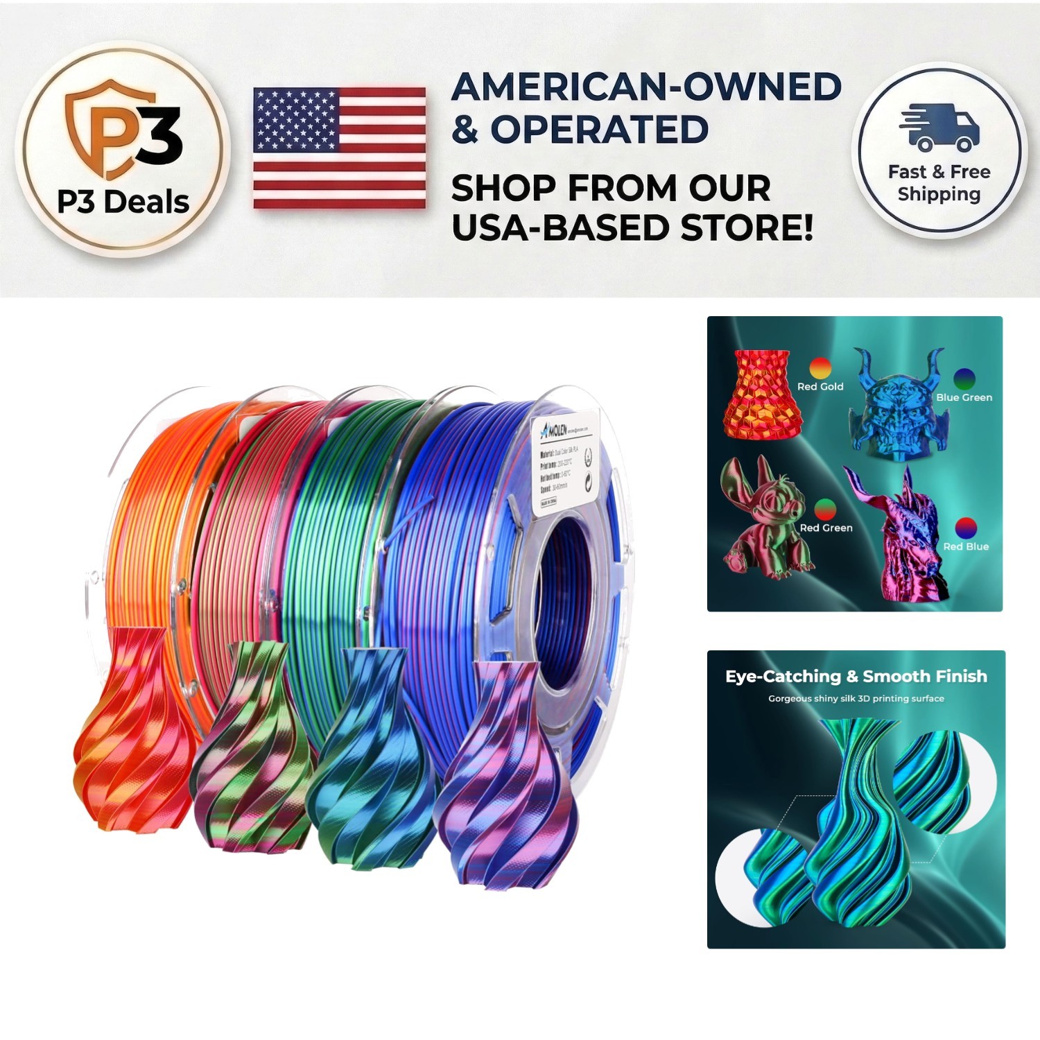 Elegant Dual Color Silk PLA Filament for 3D Printing - 4 Spool Set 1.75mm