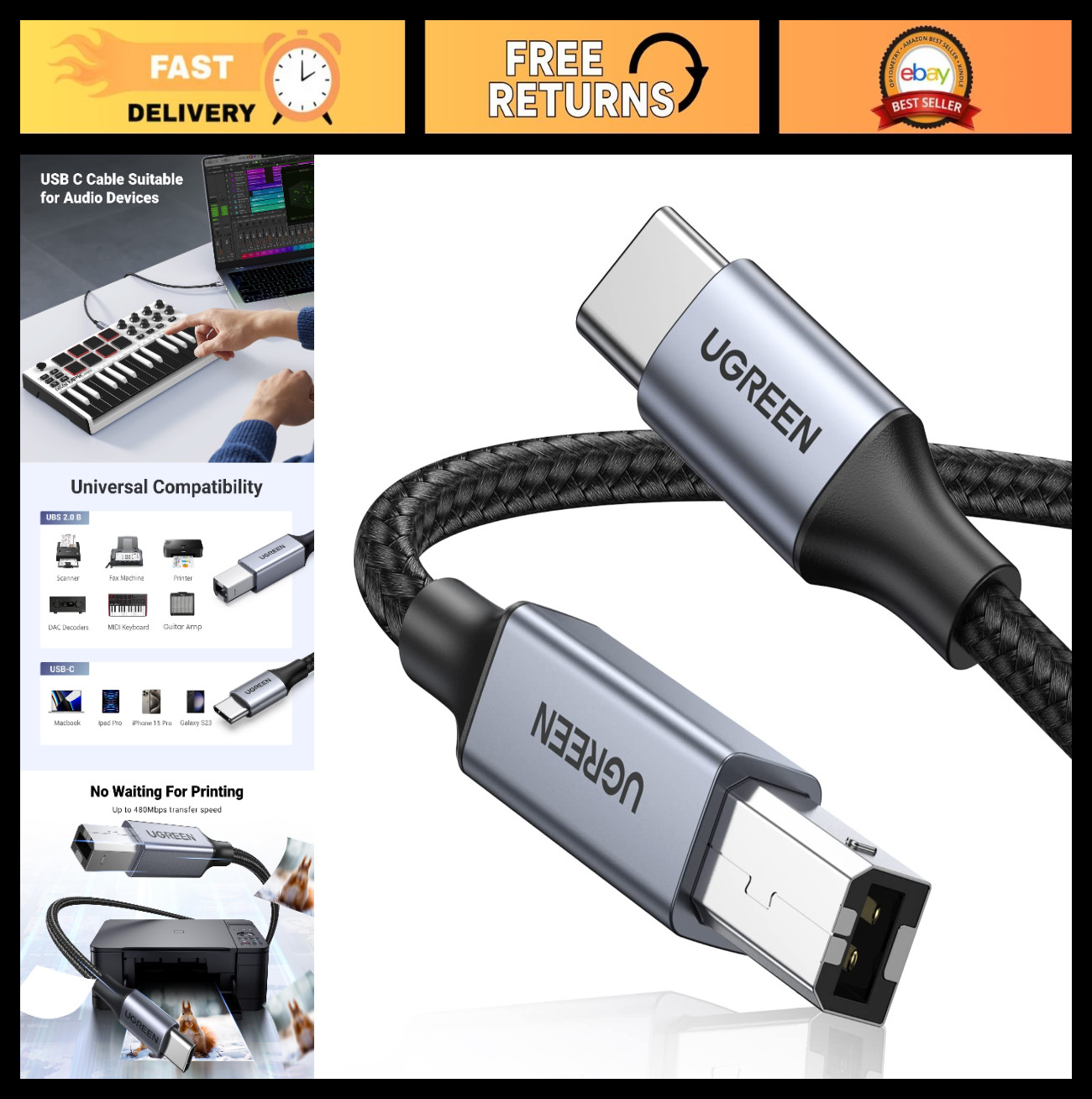 USB-B to USB-C Cable 16FT, Nylon Braided, Printer & MIDI Compatible, USB 2.0 480