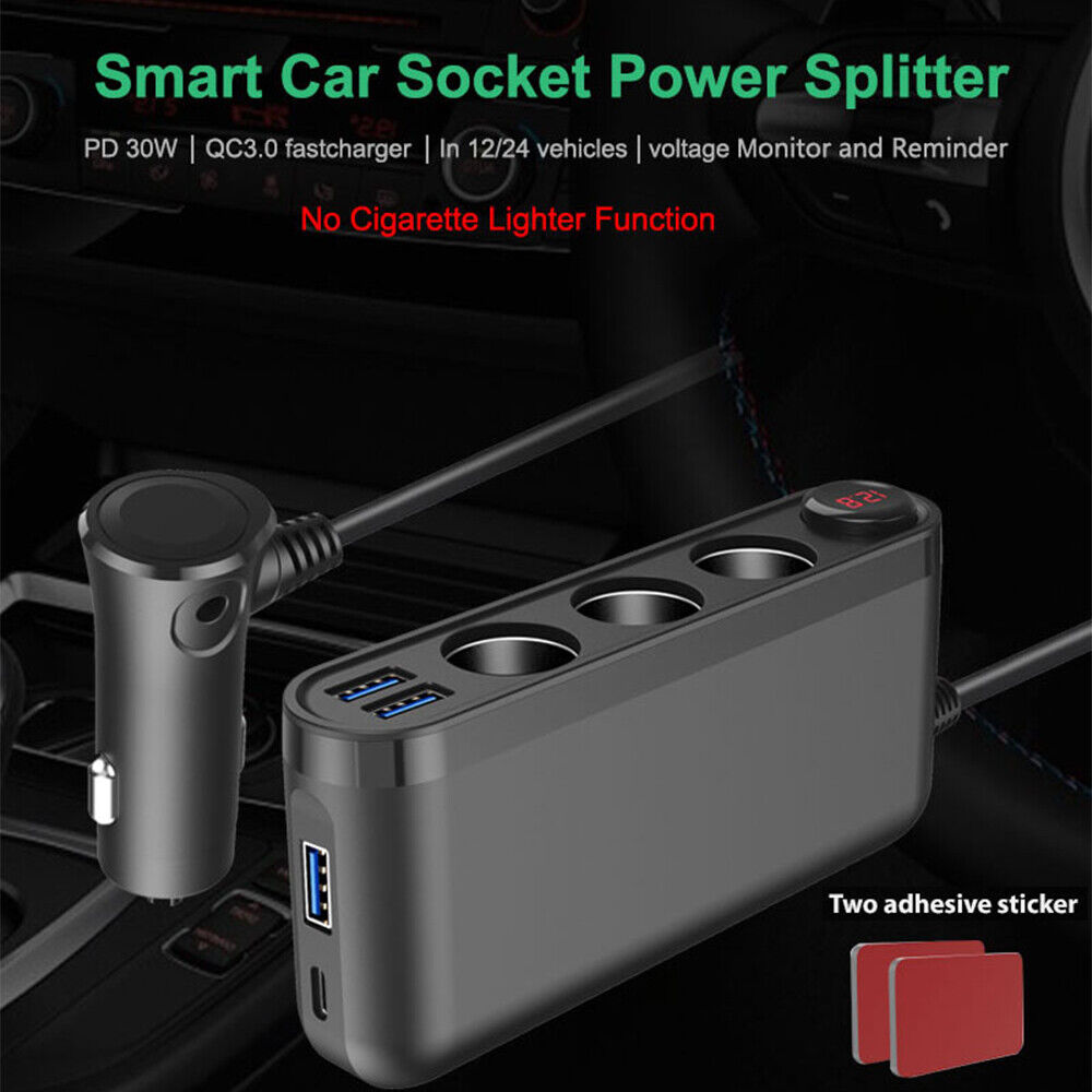 12V 3 Way Car Cigarette Lighter Power Socket Splitter 3USB Charger Adapter Black