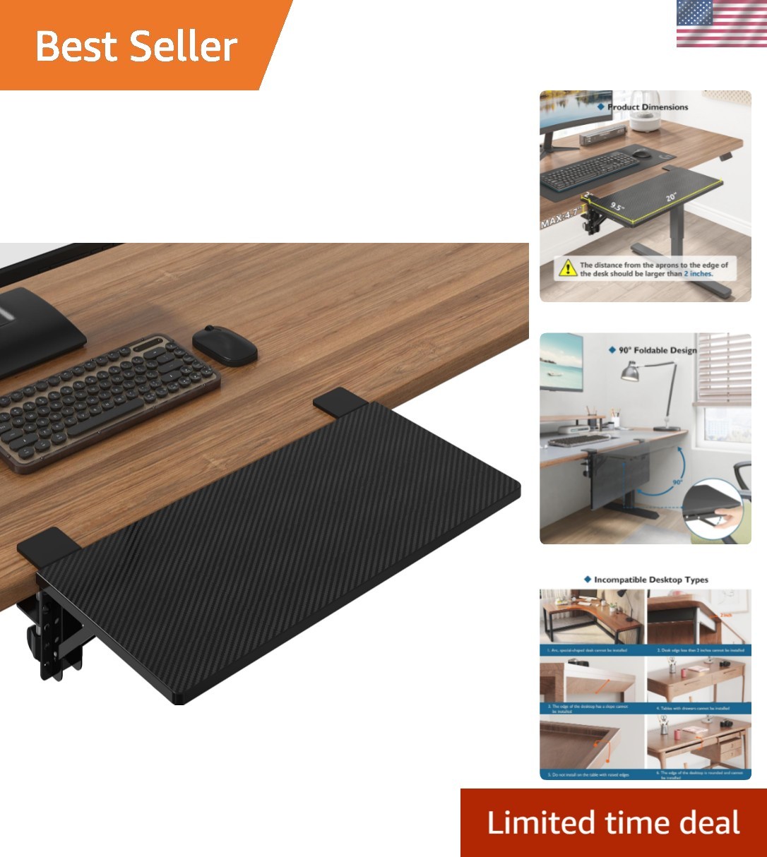 Small Ergonomics Desk Extender Tray, 20 x 9.5 Inch, Black Carbon | 90° Foldab...