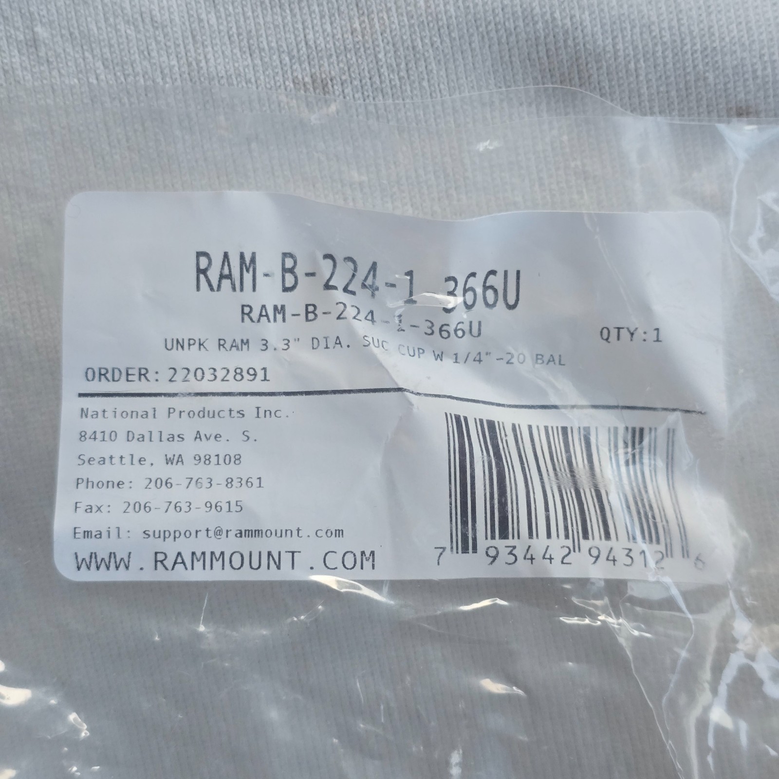RAM Mounts RAM-B-224-1-366U Twist-Lock Suction Cup Base 1/4"-20 Camera Mount