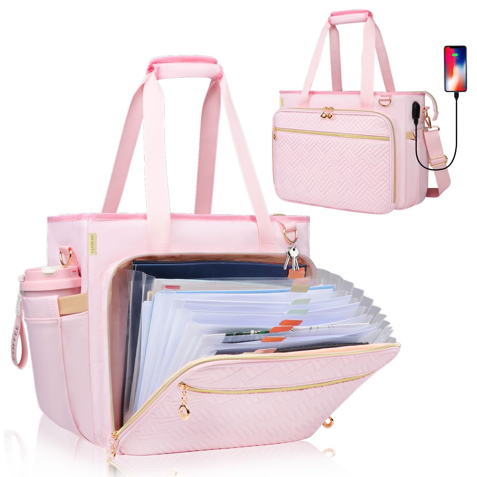 Teacher Tote Bag Accordion File Organizer 15.6 Inch Laptop Compartment Pink
