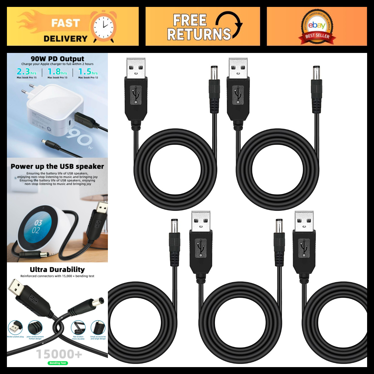 5PCS USB Power Supply Adapter Cable 5V to 9V, DC 5.5x2.1mm Step Up Converter, 0.