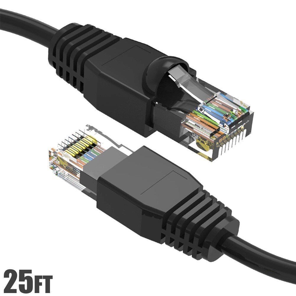 25FT Cat6A RJ45 Ethernet LAN Network UTP Patch Cable Copper Gold 24AWG Black