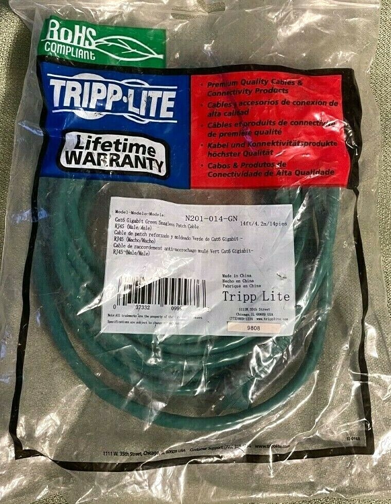 NIP "TRIPP-LITE" (MODEL N201-014-GN) CAT6 GIGABIT GREEN SNAGLESS PATCH CABLE 14'